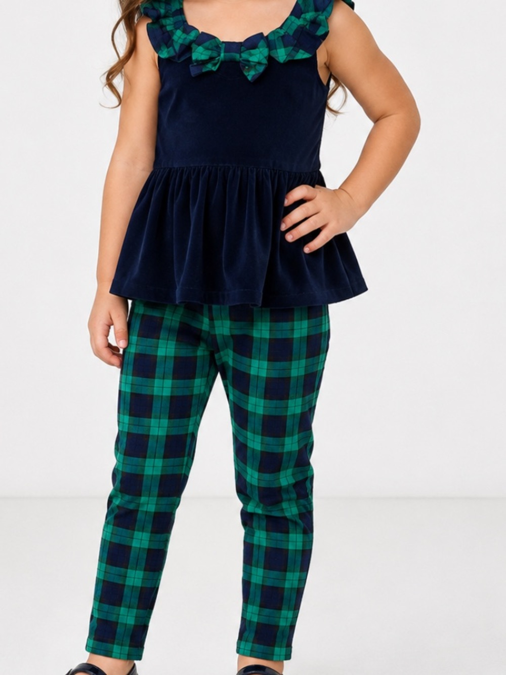 Janie and Jack Girls size 5 2pc Velvet sleeveless Ruffle Top and plaid pants .